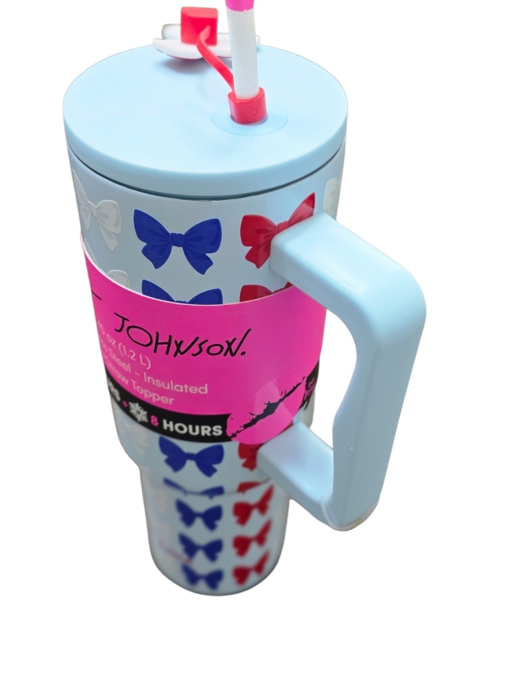 Betsey Johnson 40oz Stainless Steel Insulated Tumbler Bow Print Red White Blue - Picture 7 of 8